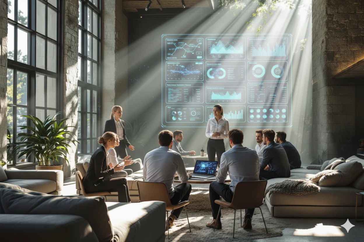 Equipo analizando métricas de automatización de procesos de negocio en una consultoría de estrategia de IA.