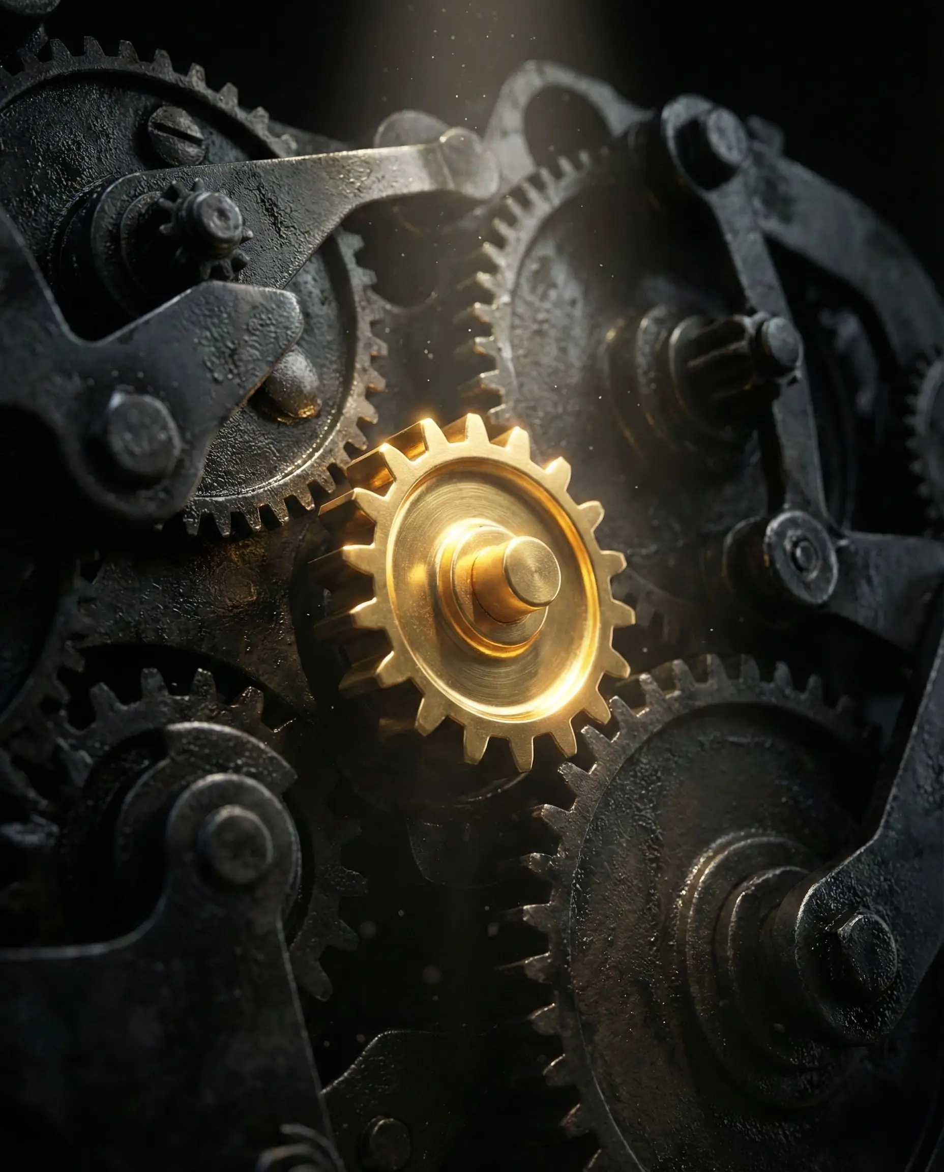 Engranaje maestro dorado sincronizando el sistema, simbolizando el manual de gobierno para liderar la IA sin caos operativo.