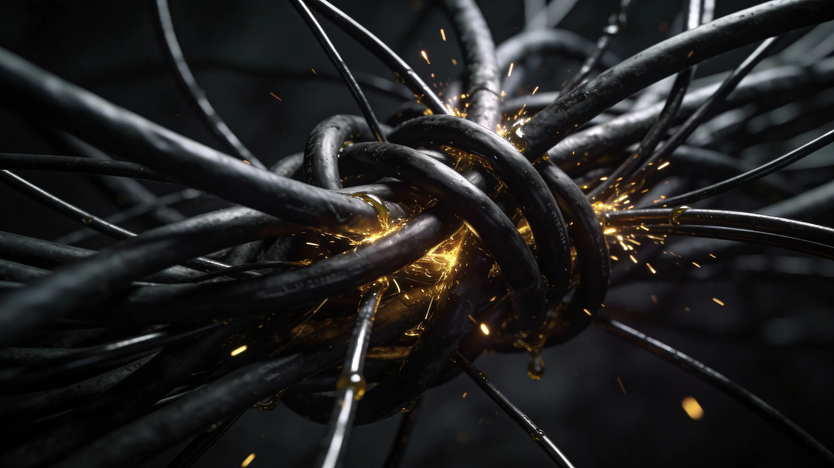 Nudo complejo de cables en tensión con chispas, representando la fricción operativa y la destrucción de ROI causada por la acumulación de herramientas de software sin orquestación.